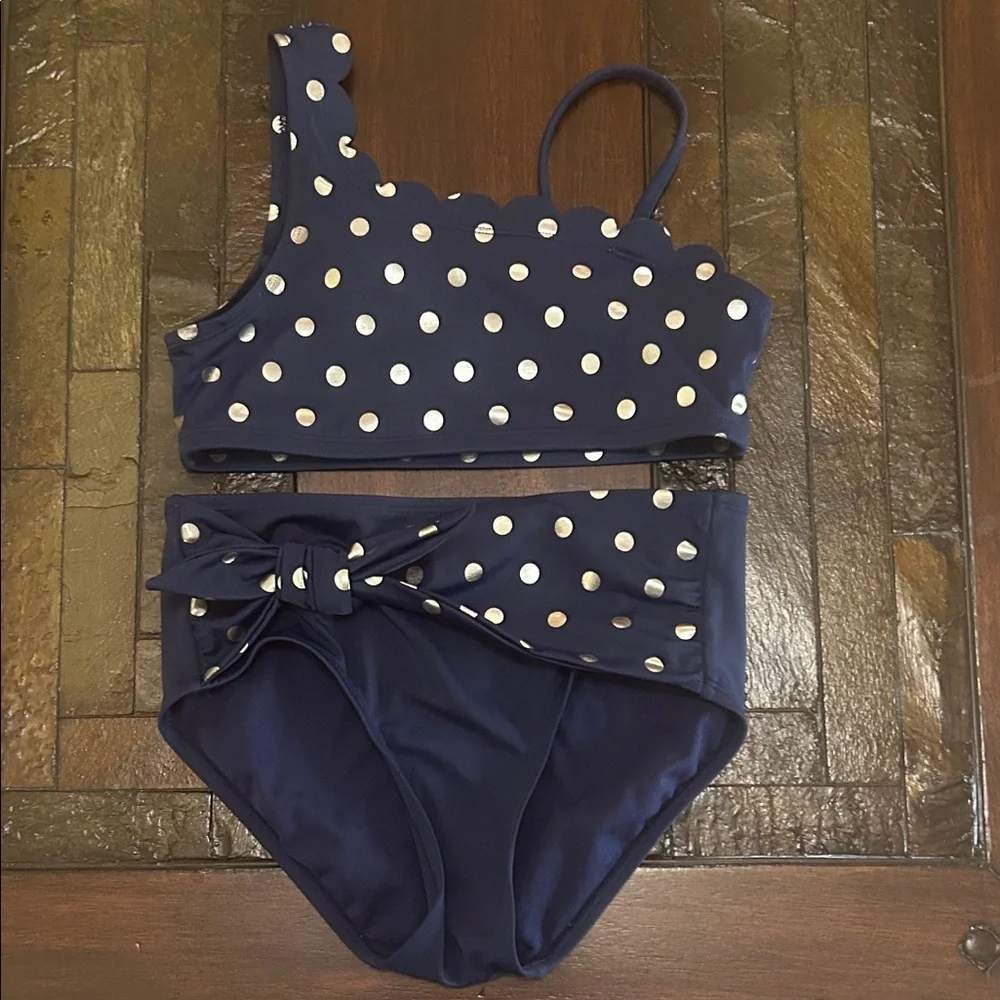 Girl' Justice Navy with Silver Polka Dot Two-Piece Swim Set